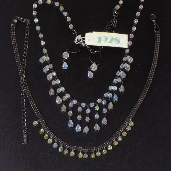 1928 Jewelry - 1928 Clear Iridescent Beaded Necklace Earrings Set & Vintage Bead Ball Choker